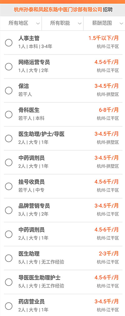人事主管、网络运营专员、保洁、骨科医生、医生助理、护士、导医、中药调剂员等